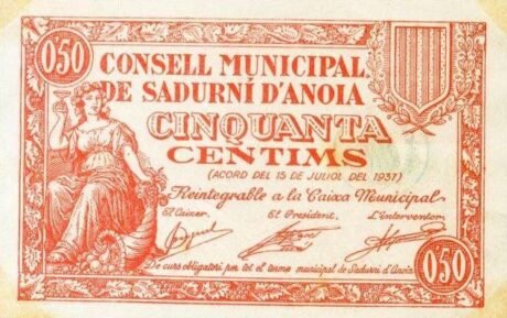 Аверс банкноты 50 centymów Sadurni d'Anoia (Hiszpania) 1937