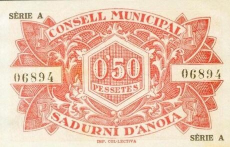 Реверс банкноты 50 centymów Sadurni d'Anoia (Hiszpania) 1937