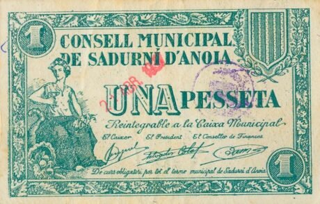 Аверс банкноты 1 песета Садурни д'Анойя (Испания) 1937 года