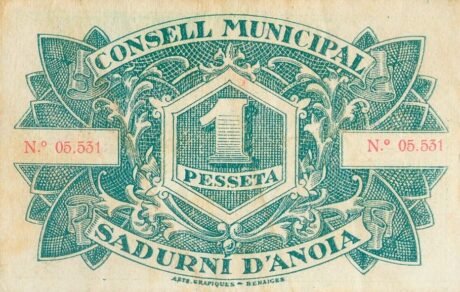 Реверс банкноты 1 песета Садурни д'Анойя (Испания) 1937 года