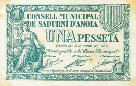 Аверс банкноты 1 peseta Sadurni d'Anoia (Hiszpania) 1937