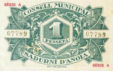 Реверс банкноты 1 peseta Sadurni d'Anoia (Hiszpania) 1937