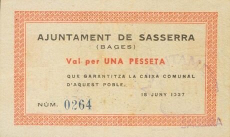 Аверс банкноты 1 peseta Sasserra de Bages (Hiszpania) 1937