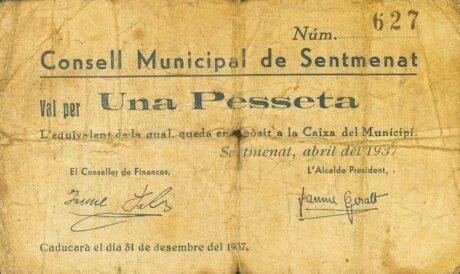 Awers banknotu 1 peseta Sentmenat (Hiszpania) 1937