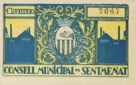 Реверс банкноты 1 песета Сентменат (Испания) 1937 года