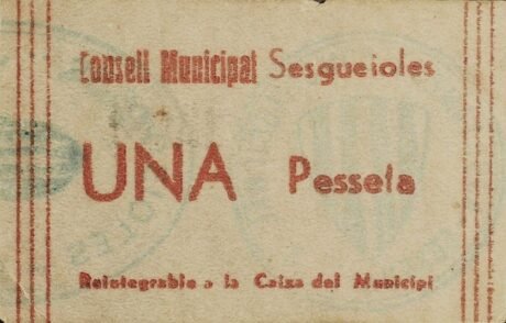 Аверс банкноты 1 peseta Sesgueyoles (Spain)