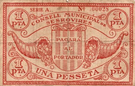Аверс банкноты 1 peseta Sesrovires (Hiszpania) 1937