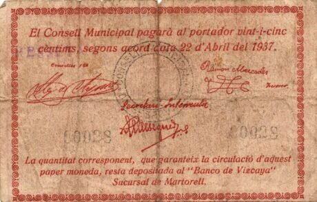 Реверс банкноты 1 peseta Sesrovires (Hiszpania) 1937