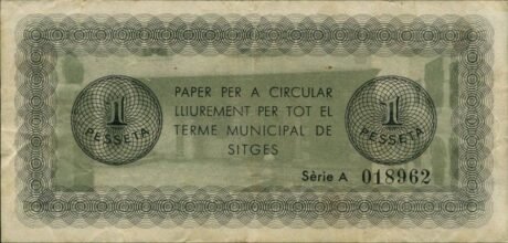 Реверс банкноты 1 peseta Sitges (Spain) 1937