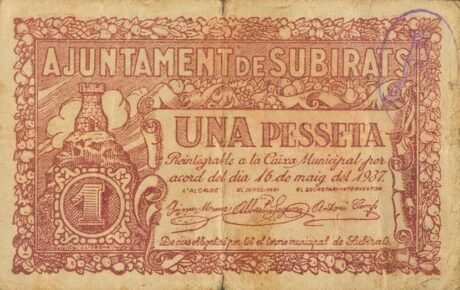 Аверс банкноты 1 песета Субират (Испания) 1937 года