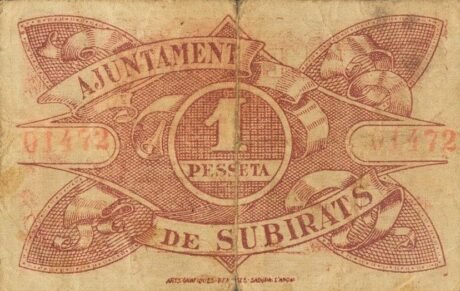 Реверс банкноты 1 песета Субират (Испания) 1937 года