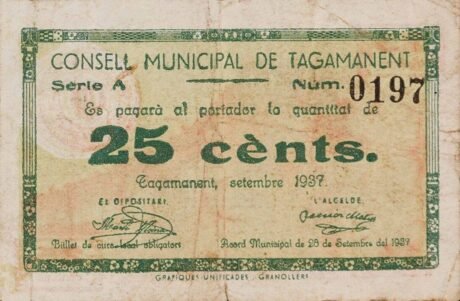 Аверс банкноты 25 centymów Tagamanent (Hiszpania) 1937