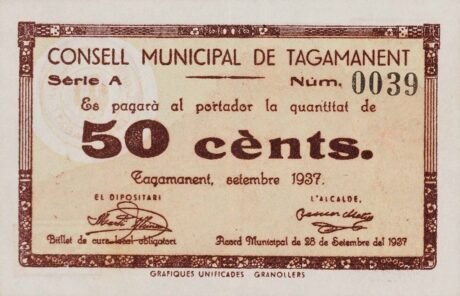 Аверс банкноты 50 centymów Tagamanent (Hiszpania) 1937