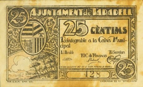Аверс банкноты 25 centymów Taradell (Hiszpania)