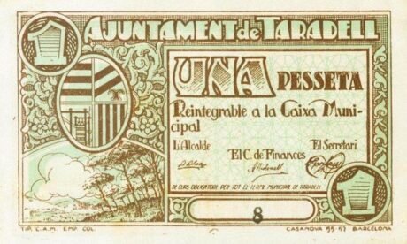 Аверс банкноты 1 peseta Taradel (Spain)
