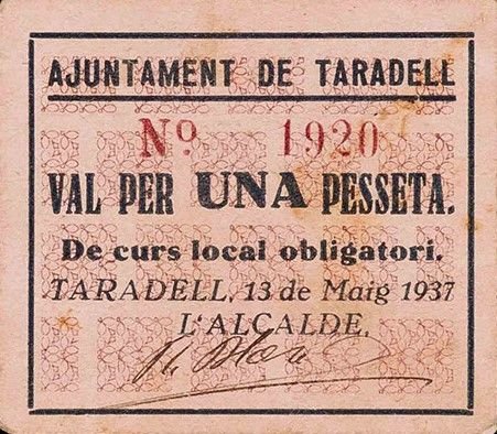 Аверс банкноты 1 peseta Taradel (Spain) 1937