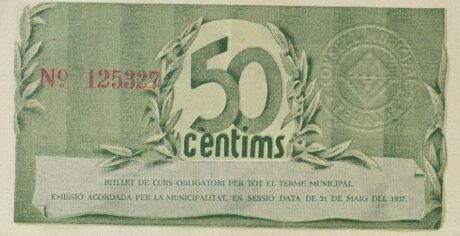 Реверс банкноты 50 centymów Terrassa (Hiszpania) 1937