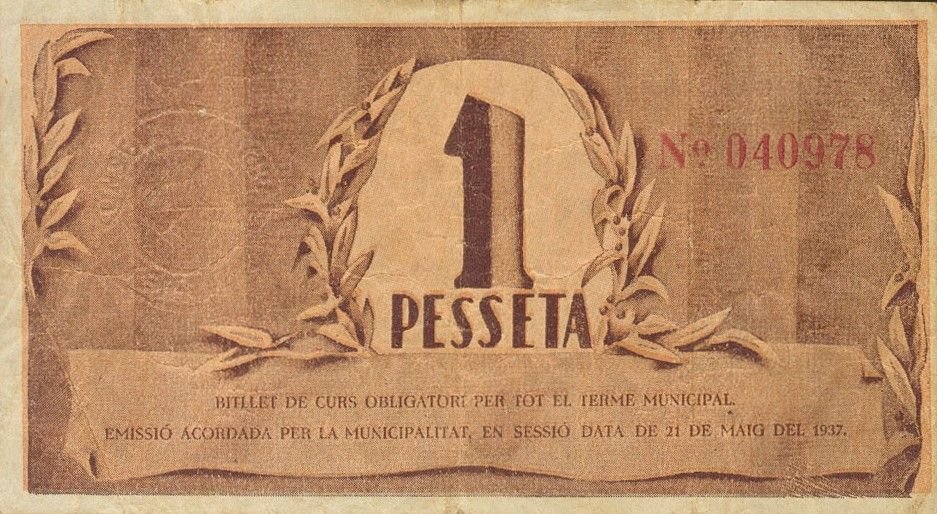 Реверс банкноты 1 песета террасса (Испания) 1937 года