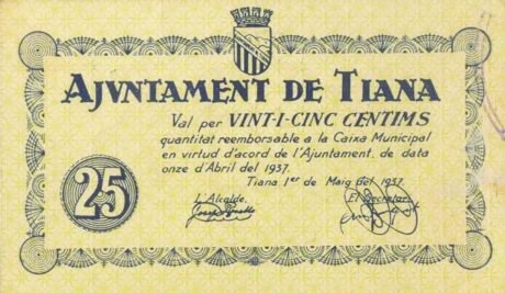 Аверс банкноты 25 centymów Tiana (Hiszpania) 1937