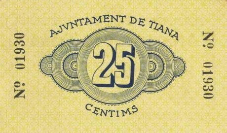 Реверс банкноты 25 centymów Tiana (Hiszpania) 1937
