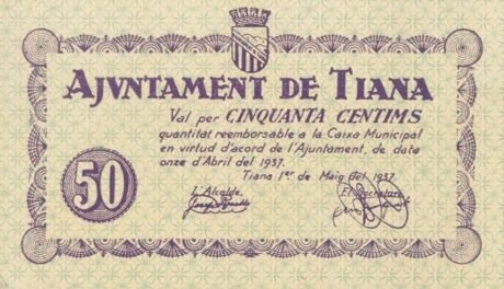 Аверс банкноты 50 centymów Tiana (Hiszpania) 1937