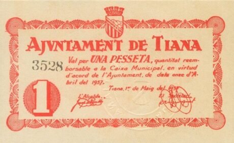 Аверс банкноты 1 peseta Tiana (Spain) 1937