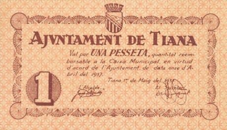 Аверс банкноты 1 peseta Tiana (Spain) 1937