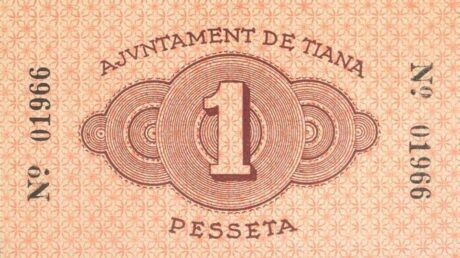Реверс банкноты 1 peseta Tiana (Spain) 1937