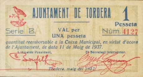Аверс банкноты 1 песета Тордера (Испания) 1937 года