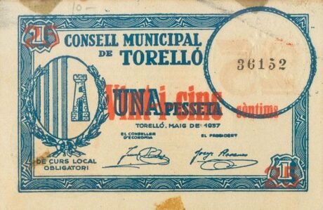 Аверс банкноты 25 сантимов Торелло (Испания) 1937 года