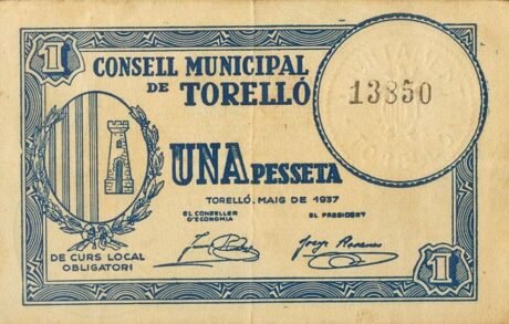 Аверс банкноты 1 песета Торелло (Испания) 1937 года