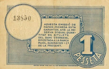 Реверс банкноты 1 песета Торелло (Испания) 1937 года