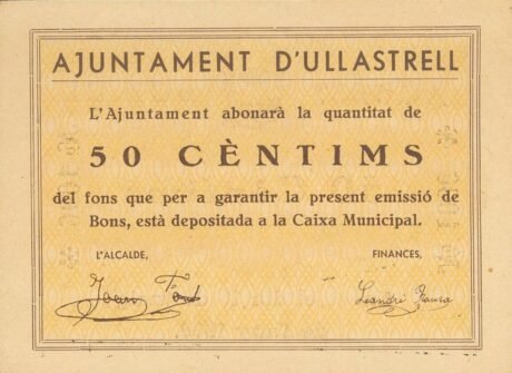 Аверс банкноты 50 centymów Ulastrell (Hiszpania) 1937