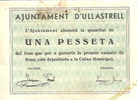 Аверс банкноты 1 Peseta Ullastrell (Hiszpania) 1937