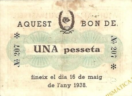 Реверс банкноты 1 Peseta Ullastrell (Hiszpania) 1937