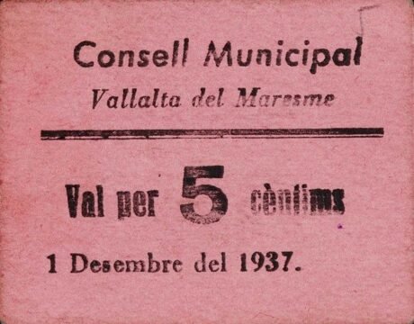 Аверс банкноты 5 centymów Valleta del Maresme (Hiszpania) 1937