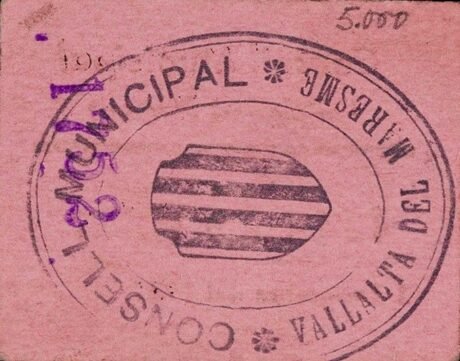 Реверс банкноты 5 centymów Valleta del Maresme (Hiszpania) 1937