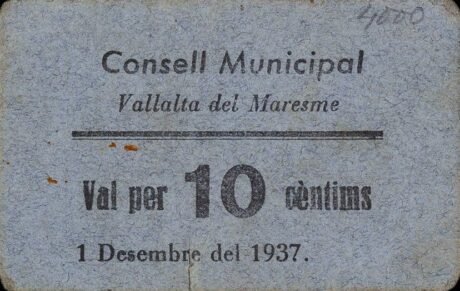 Аверс банкноты 10 сантимов Вальялта-дель-Маресме (Испания) 1937 года