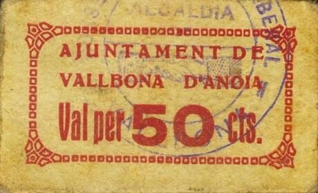 Аверс банкноты 50 сантимов Вальбона д'Анойя (Испания) 1937 года