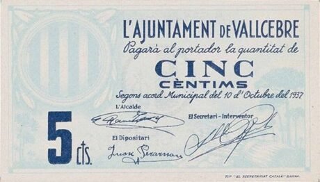Аверс банкноты 5 сантимов Вальсебре (Испания) 1937 года