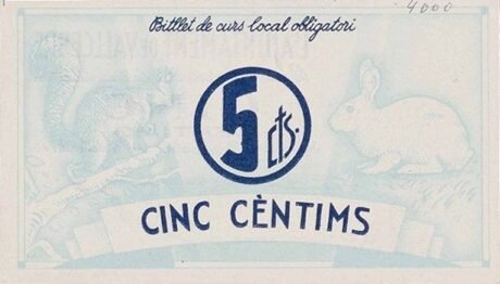 Реверс банкноты 5 сантимов Вальсебре (Испания) 1937 года
