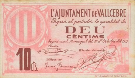 Аверс банкноты 10 сантимов Вальсебре (Испания) 1937 года