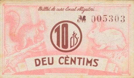 Реверс банкноты 10 сантимов Вальсебре (Испания) 1937 года