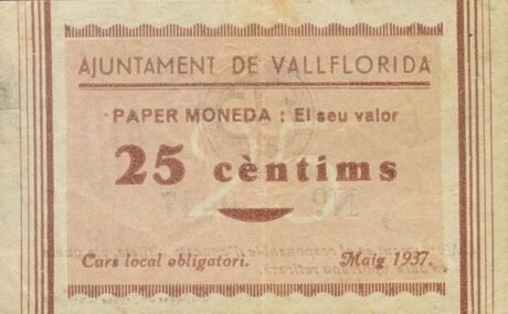 Аверс банкноты 25 сантимов Вальфлорида (Испания) 1937 года
