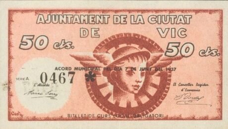 Awers banknotu 50 centymów Vic (Hiszpania) 1937