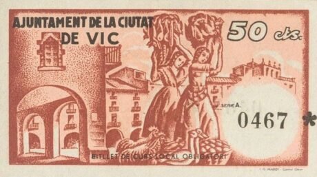 Rewers banknotu 50 centymów Vic (Hiszpania) 1937