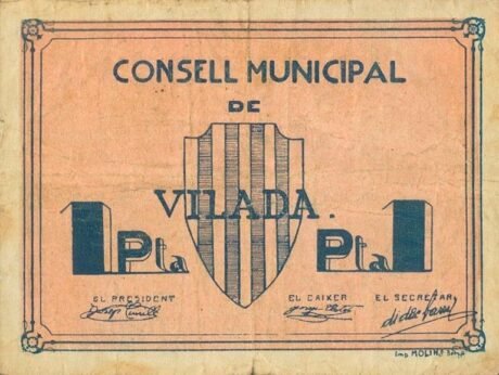 Аверс банкноты 1 peseta Vilada (Spain)