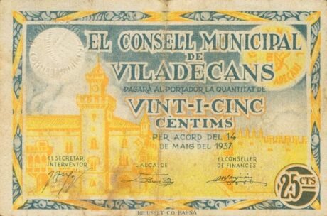Аверс банкноты 25 centymów Viladecans (Hiszpania) 1937