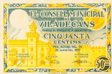 Аверс банкноты 50 сантимов Виладеканс (Испания) 1937 года