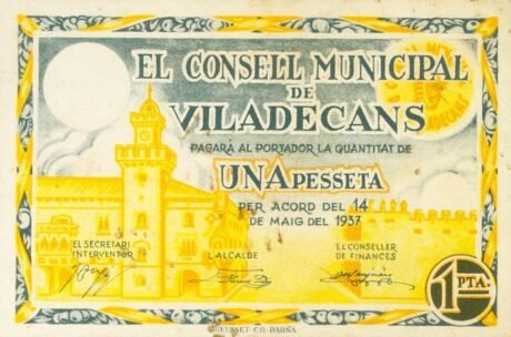 Awers banknotu 1 peseta Viladecans (Hiszpania) 1937